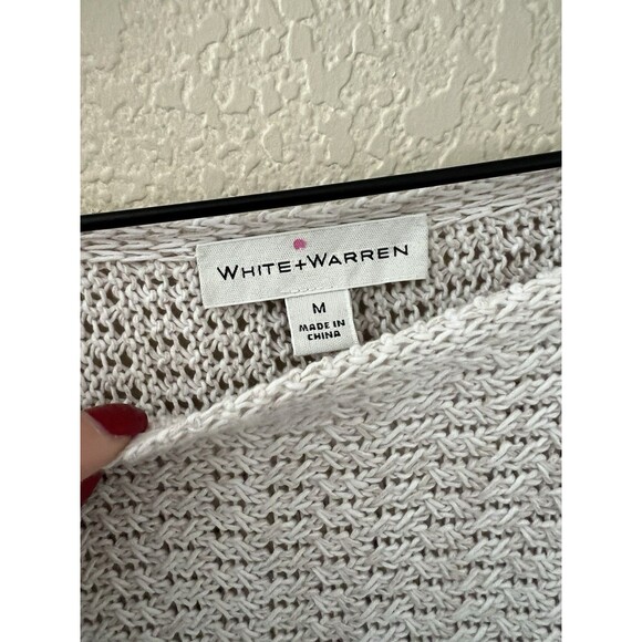 WHITE + WARREN Subtle Stripe Knot Fringe Knit Sweater Minimalist Size M - Picture 3 of 7